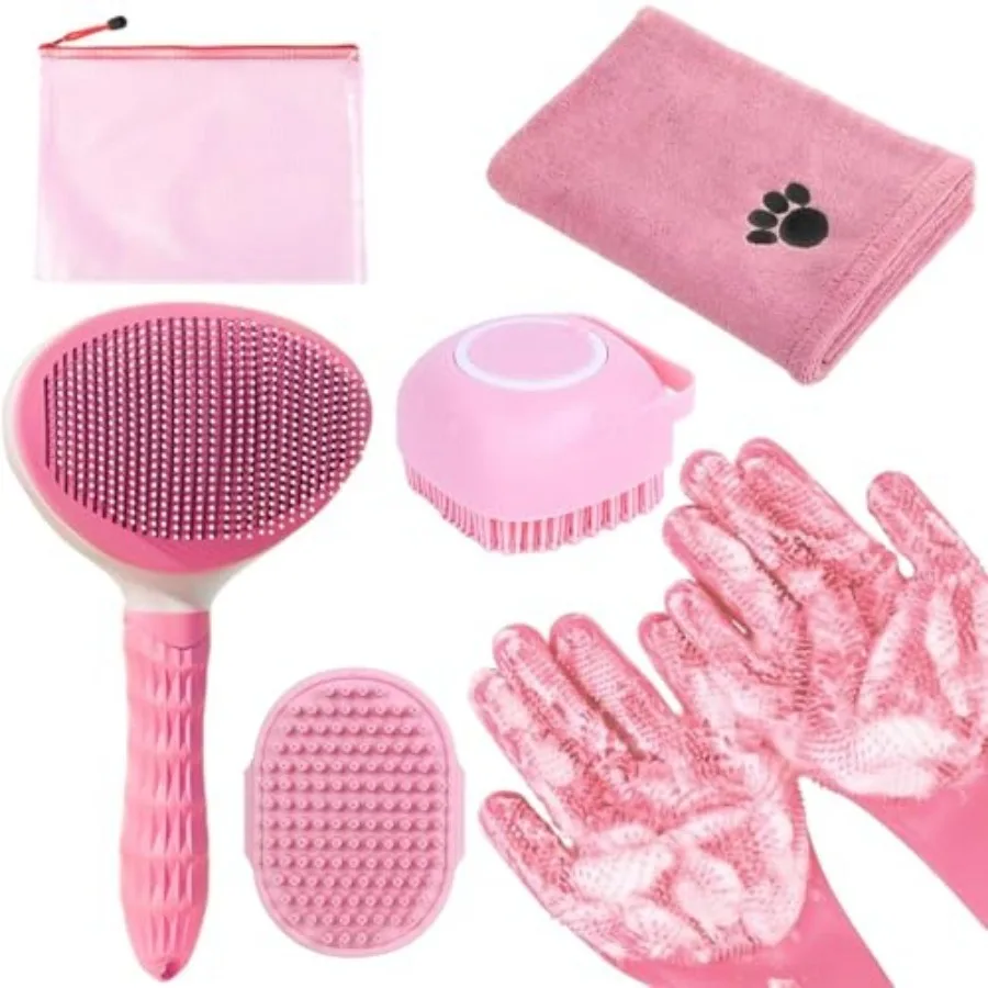 

Bath Grooming Kit for Pets - Hair Brush Set with Towel, Washing Gloves, and Shampoo Scrubber Brush for Dogs and Cats Pink