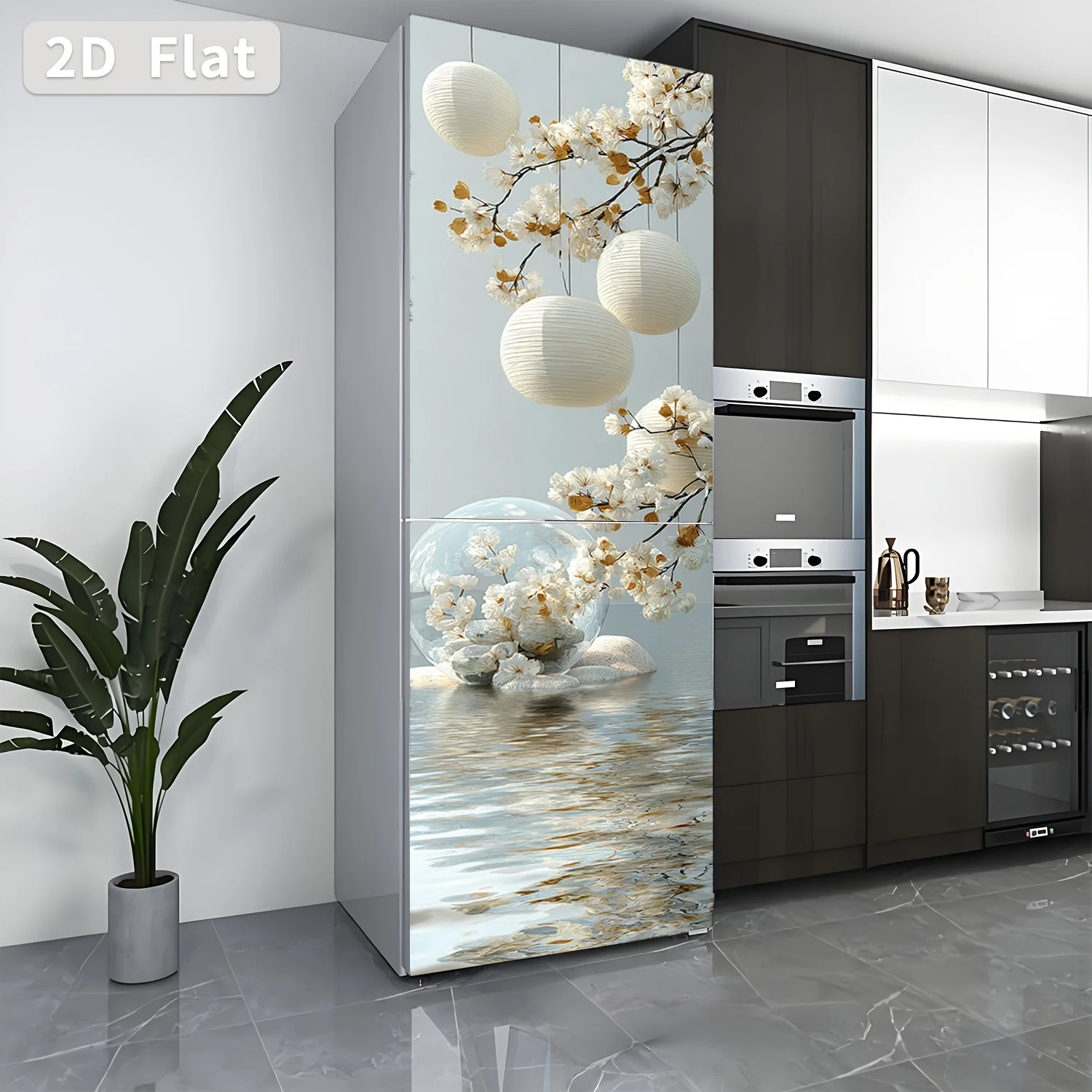Refrigerator Sticker Zen Flower Shadow Water Scene Theme Design Wall Sticker Decorative Wallpaper Self-Adhesive Suitable for