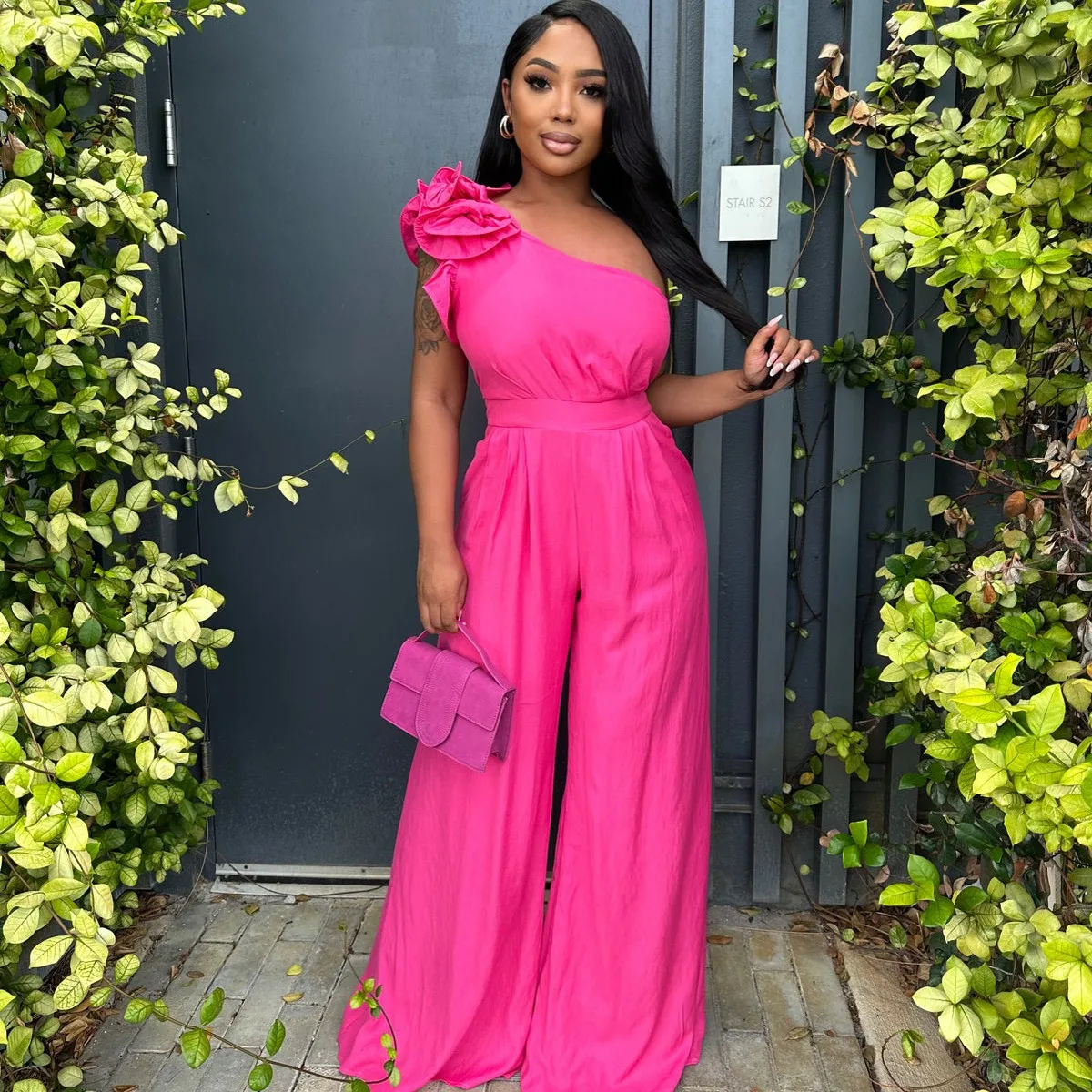 Nigeria Fuchsia Loose Stretchy Women Jumpsuits One Shouler Flower Long Maxi Gowns Fashion African Jumpsuit