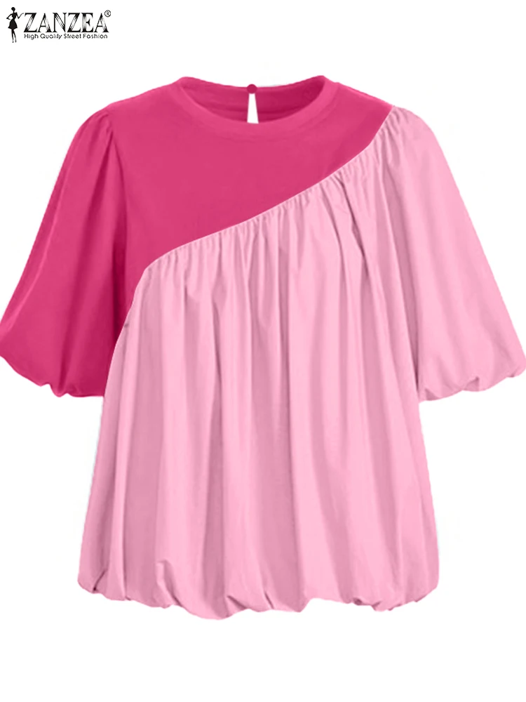 ZANZEA-Blusa plisada holgada de manga corta para mujer, camisa de retazos Irregular, estilo coreano, cuello redondo, Otoño, 2024