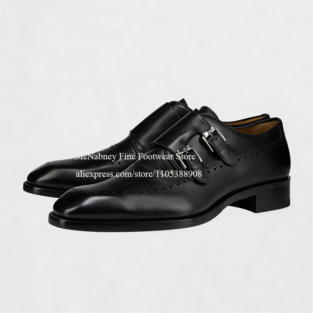 

Black Leather Double Buckles Fastening Brogue Monk Strap Shoes Dress Classic Formal Shoes for Men Business Wedding Party