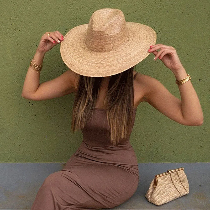 Luxury Designer Summer Weave Palm-leaf Hat Natural Tan Wide Brim Straw Panama Hat Sun Rancher Hat Women Fedora Hat Beach Hat