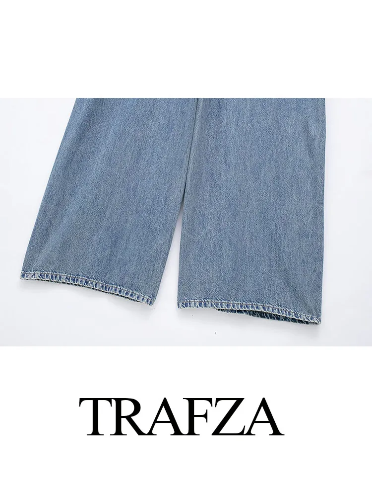 TRAFZA Women's Summer Blue Color Fashion Vintage Long Sleeved Lapel Denim Dress Female Elegant Single Breasted Long Dress image 5