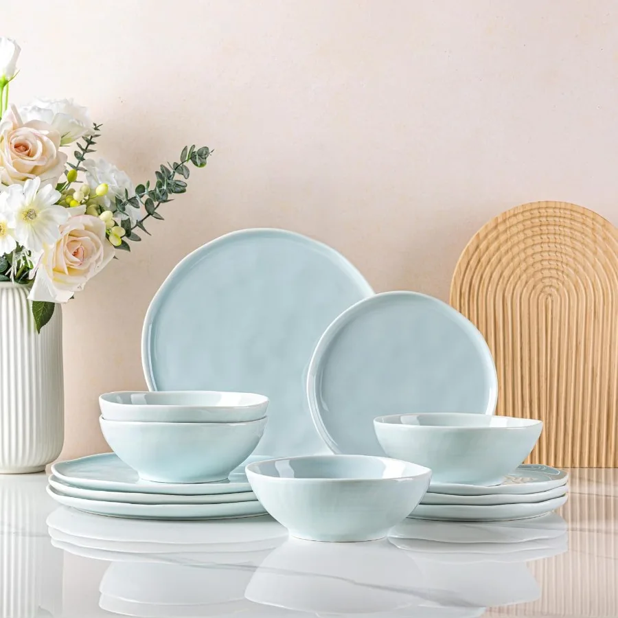 

Light Blue Ceramic Dinnerware Sets for 4 with Wavy Edge Microwave Dishwasher Oven Safe Lightweight and Scratch Resistant Porcel