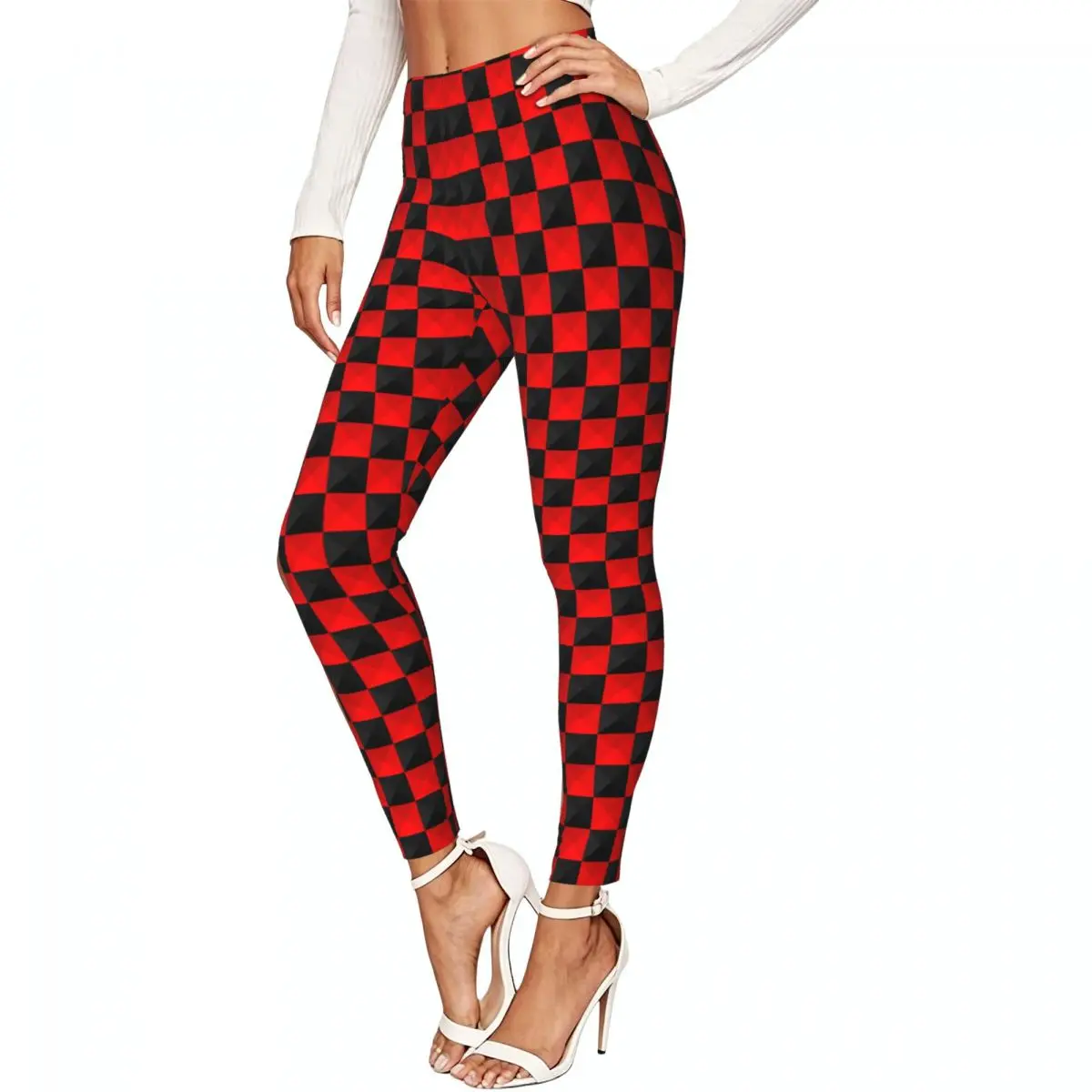 Casual Ladies Slim Leggings Red Black Plaid Print Elastic High Waist Sports Daily Wear Trousers