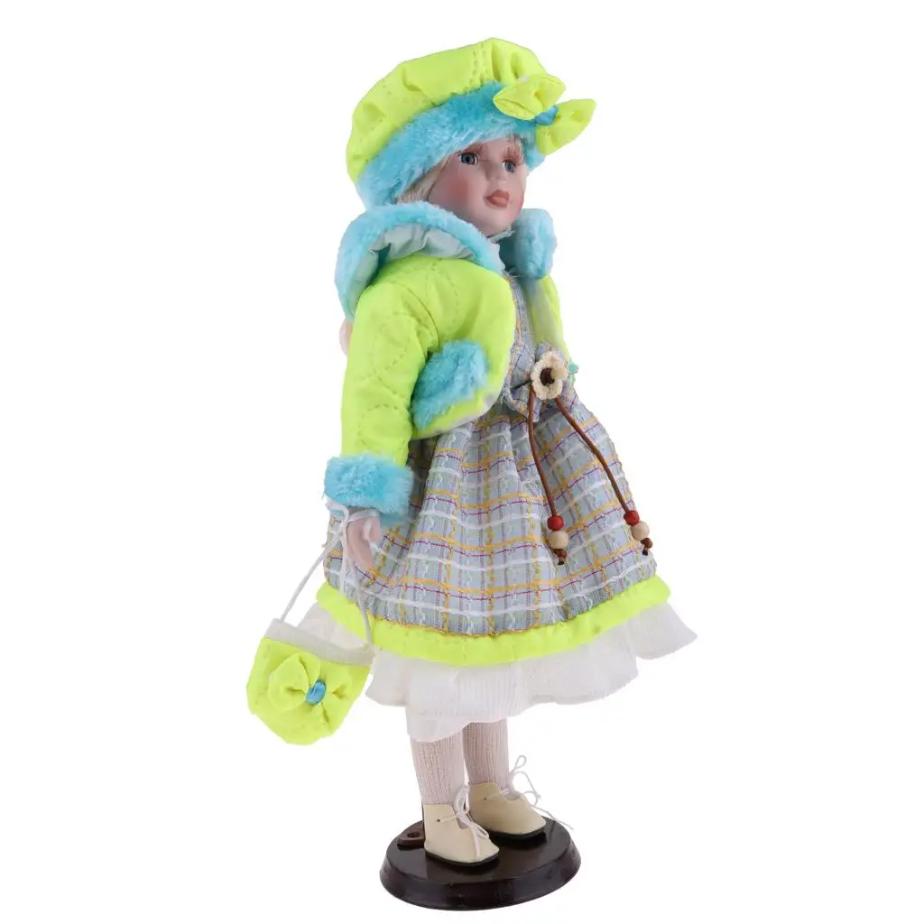 

Фарфоровая кукла Lovely Girls с деревянной подставкой, зеленое пальто, 40 см