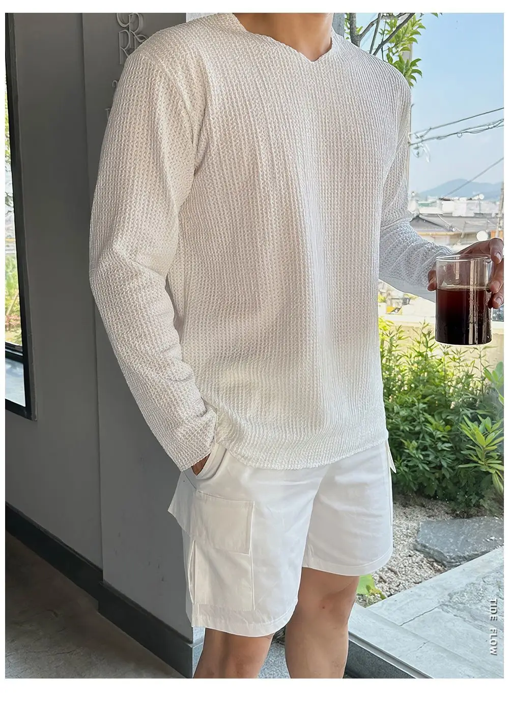 Small V-neck Knitted Long Sleeved T-shirt for Men's Spring and Summer Casual T-shirt Cover Up, Loose Top
