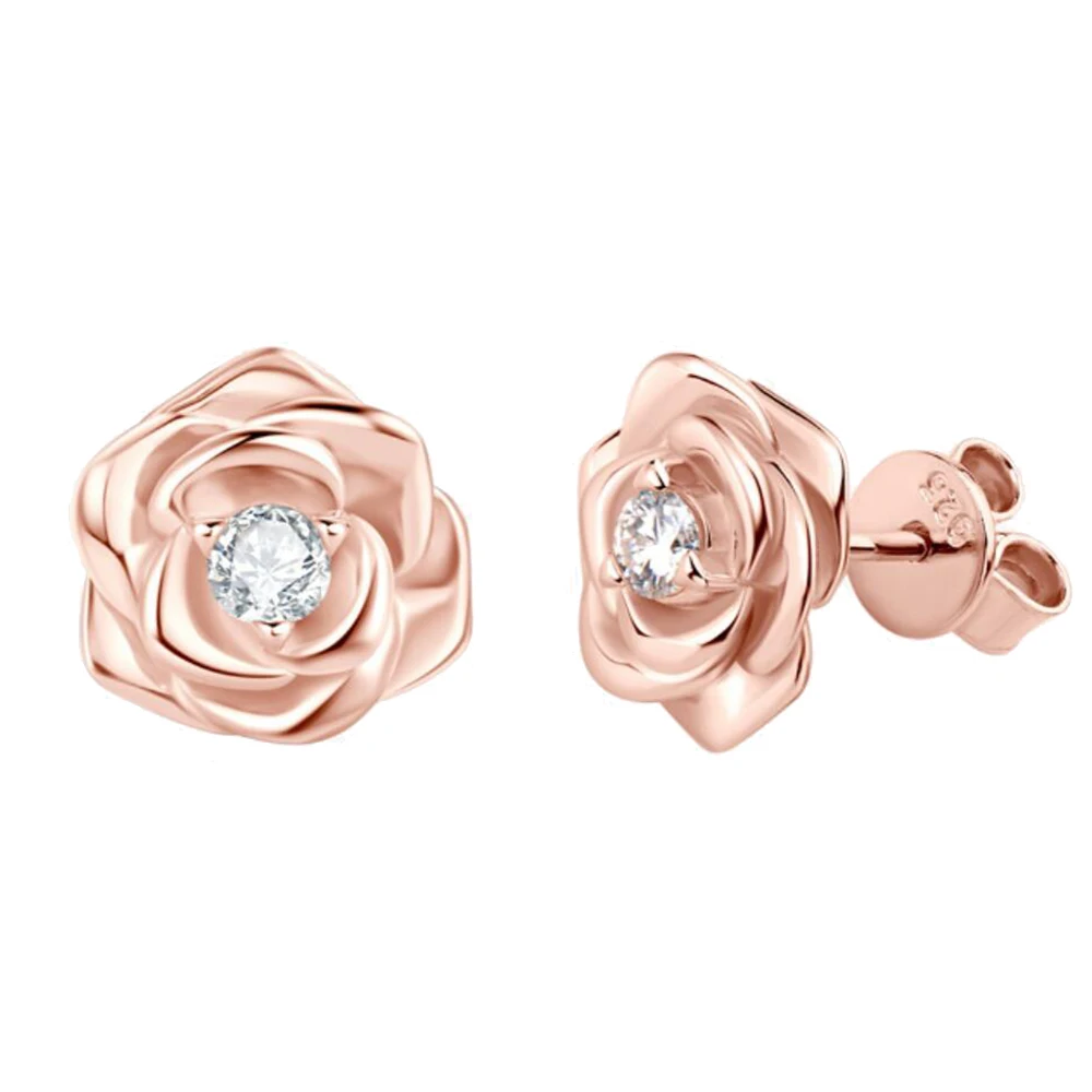 Sweetrain Rose Gold Moissanite Earrings for Women 925 Sterling Sliver 3mm Rose Flower Diamond Stud Earring Fine Jewelry Gift