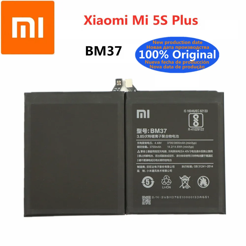 

New xiao mi Original Battery BM37 for Xiaomi Mi 5S Plus MI5S Plus 5SPlus 3800mAh High Quality Replacment Phone Battery Bateria