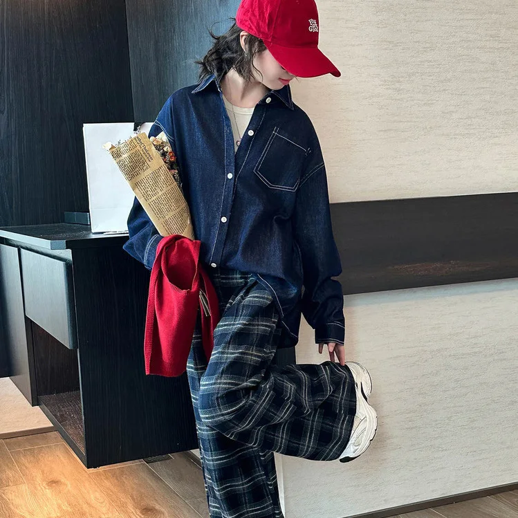 

Осенний корейский комплект из двух предметов для девочек-подростков, школьная шаль, джинсовая футболка для девочек-подростков, клетчатые штаны с эластичной резинкой на талии, детский комплект для девочек