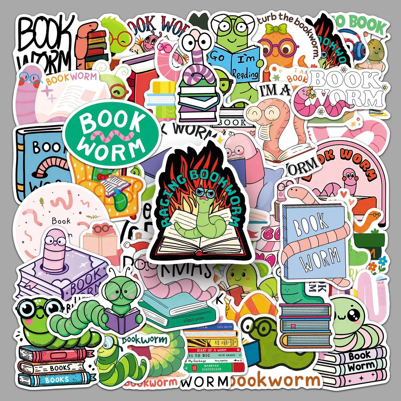 

50PCS Bookworm Stickers Cute Reading Book Teens Book Lovers DIY Decorable Diary Notebook iPad Waterproof Stickers Kids Toy