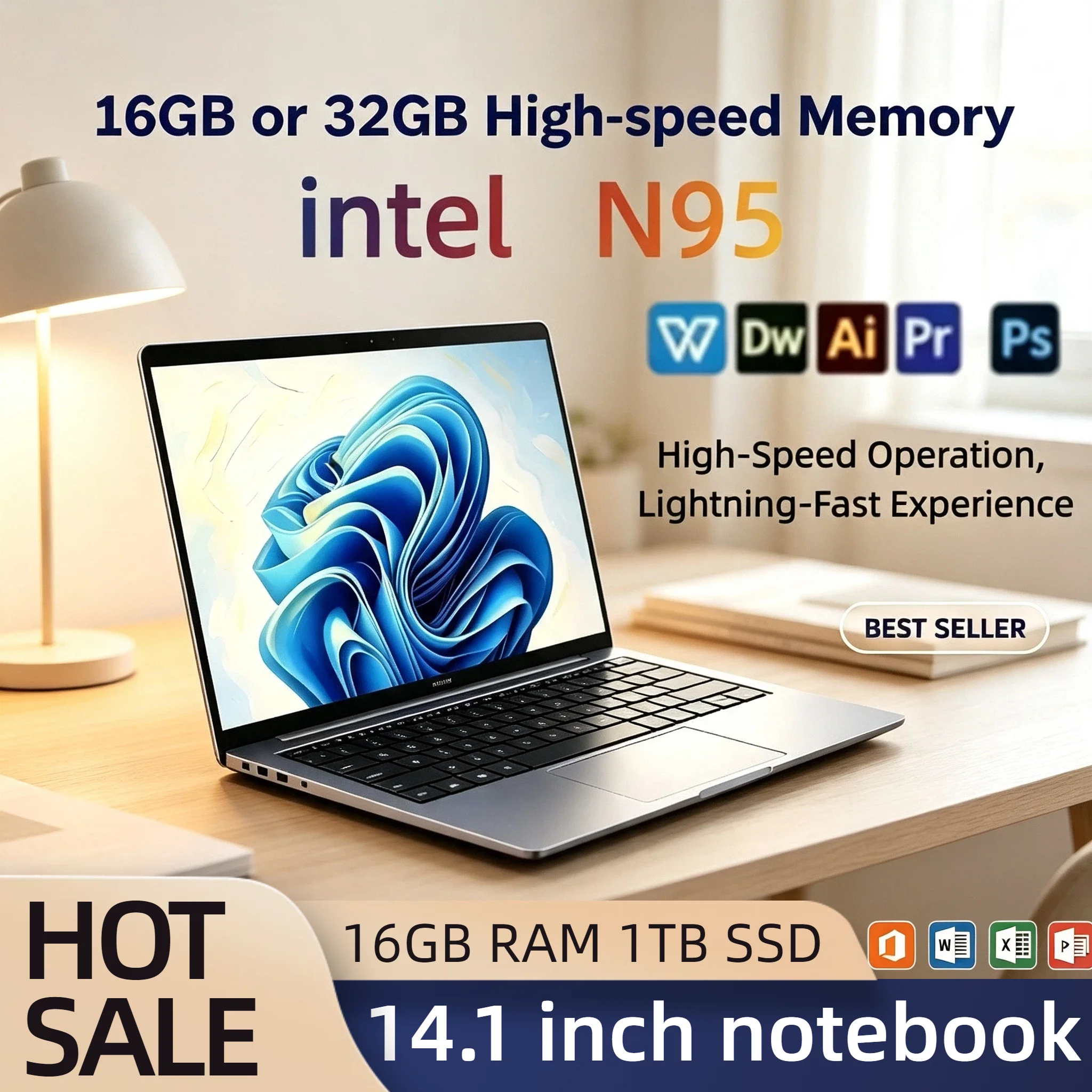 Intel N95 14.1 Inch Gaming Laptop 4C4T 3.4GHz 15W 6MB Cache 32GB RAM 1TB 2TB SSD 1920x1080 Portable Office Study PC Pro Max