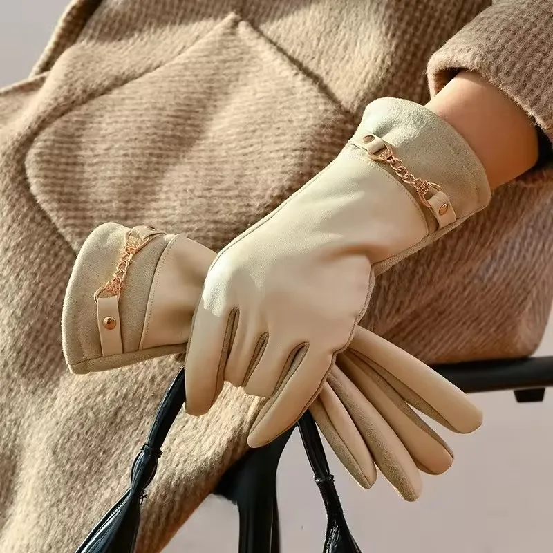 

Winter Women Suede Leather Plus Velvet Keep Warm Chain Gloves Fashion Elegant Touch Screen Soft Drive Cycling Windproof Mittens