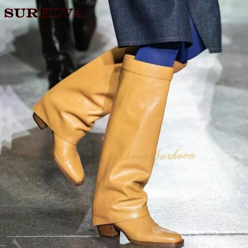 Square Toe Loose Trouser Boots Chunky Heel Catwalk Slip-On Women'S Rider Boots Elegant Luxury Fashion Boots Winter 2024 New 43