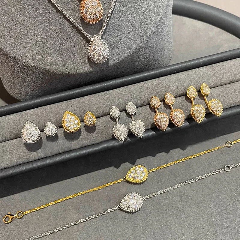 925 Sterling Silber Leicht Luxuriöses Premium Wassertropfenförmiges Schmuckset mit Halskette, Ohrringen, Armband und Ring – Detail 3