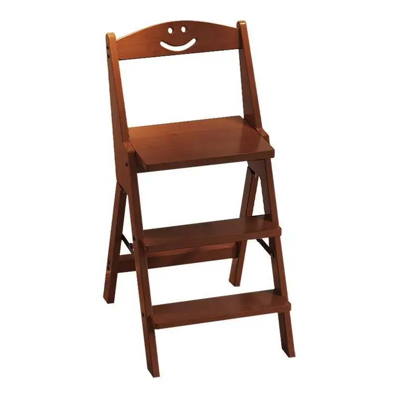 Solid Wood Folding Step Stool, Dark Brown 2-Tier Step Stool With Smile Backrest, Multi-Use Kitchen Ladder For Kids Adults