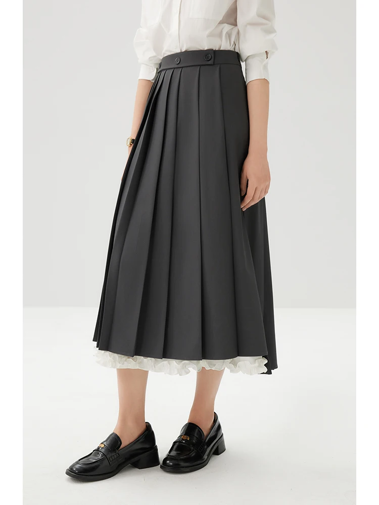 ZIQIAO Design Contrast A-line Pleated Skirt For Spring 2024 New High Waisted Slim Length Grey Women Skirt 24ZQ91091