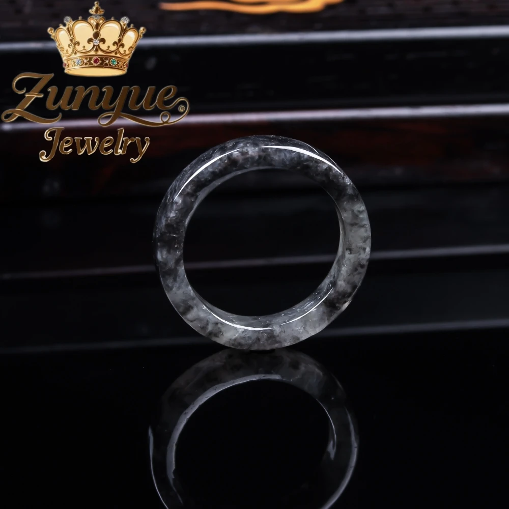 Authentic Myanmar Grade A Natural Black Ink Jadeite Ring Classic Smooth Plain Band Craft Fashion Unisex Finger Accessory Jewelry