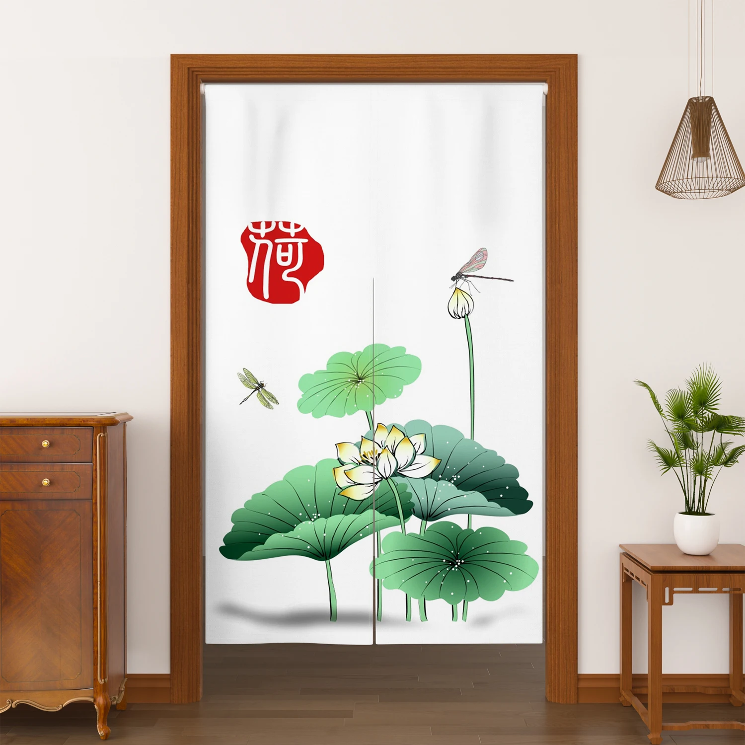 Chinese Style Noren Door Curtains Lotus Koi Fish Peony Split Linen Doorway Curtain Kitchen Entrance Velcro Hanging Half Curtains