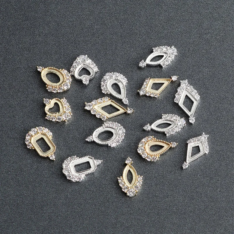 5Pcs Gold/Silver Flatback Frames Design Charms For Nails Shiny Zircon Luxury Hollow Frames DIY Charms Jewelry For Nail Supplies