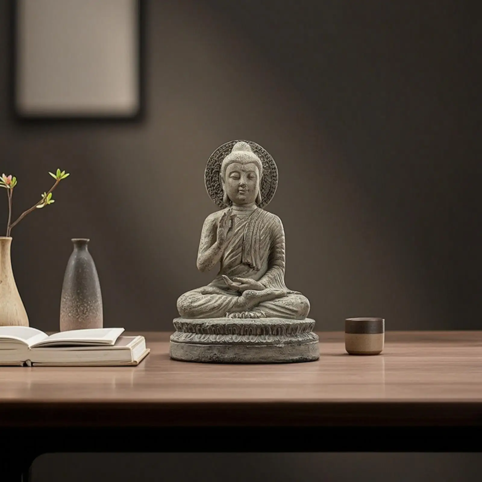 Resin Buddha Figurine Sculpture for Shelf Desk Calm Decor Weathered Stone Finish Piece view 3