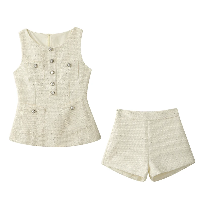 High Quality Female Tweed Sleeveless Vest Top High Waist Shorts Set Women French Slim Summer Sweet Girl Lady Two Piece Outfits