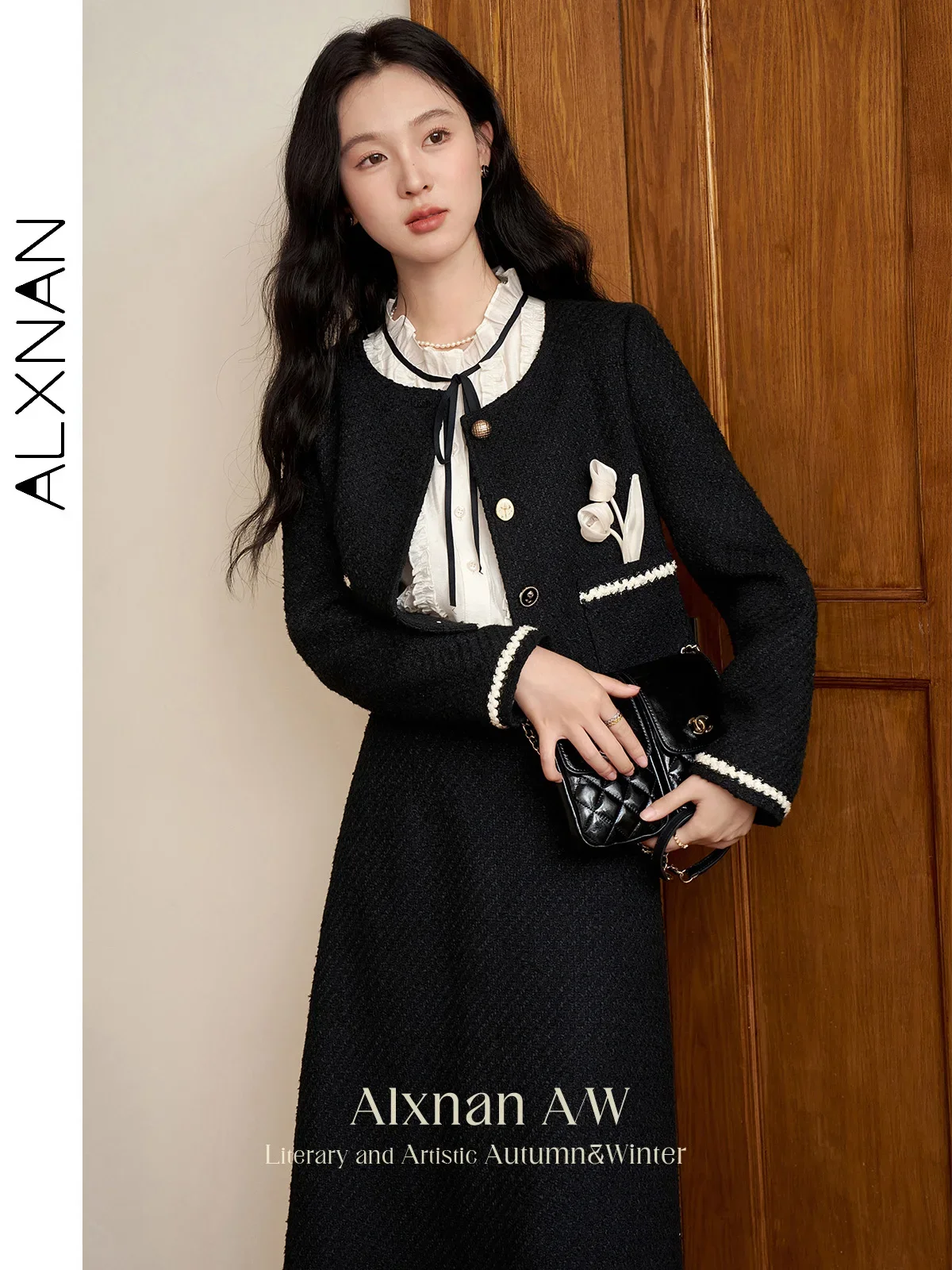 

ALXNAN Women's Tweed Jackets Irregular Buttons Stereoscopic Flower Round Collar Long Sleeve 2024 Autumn Winter Outerwear L39828