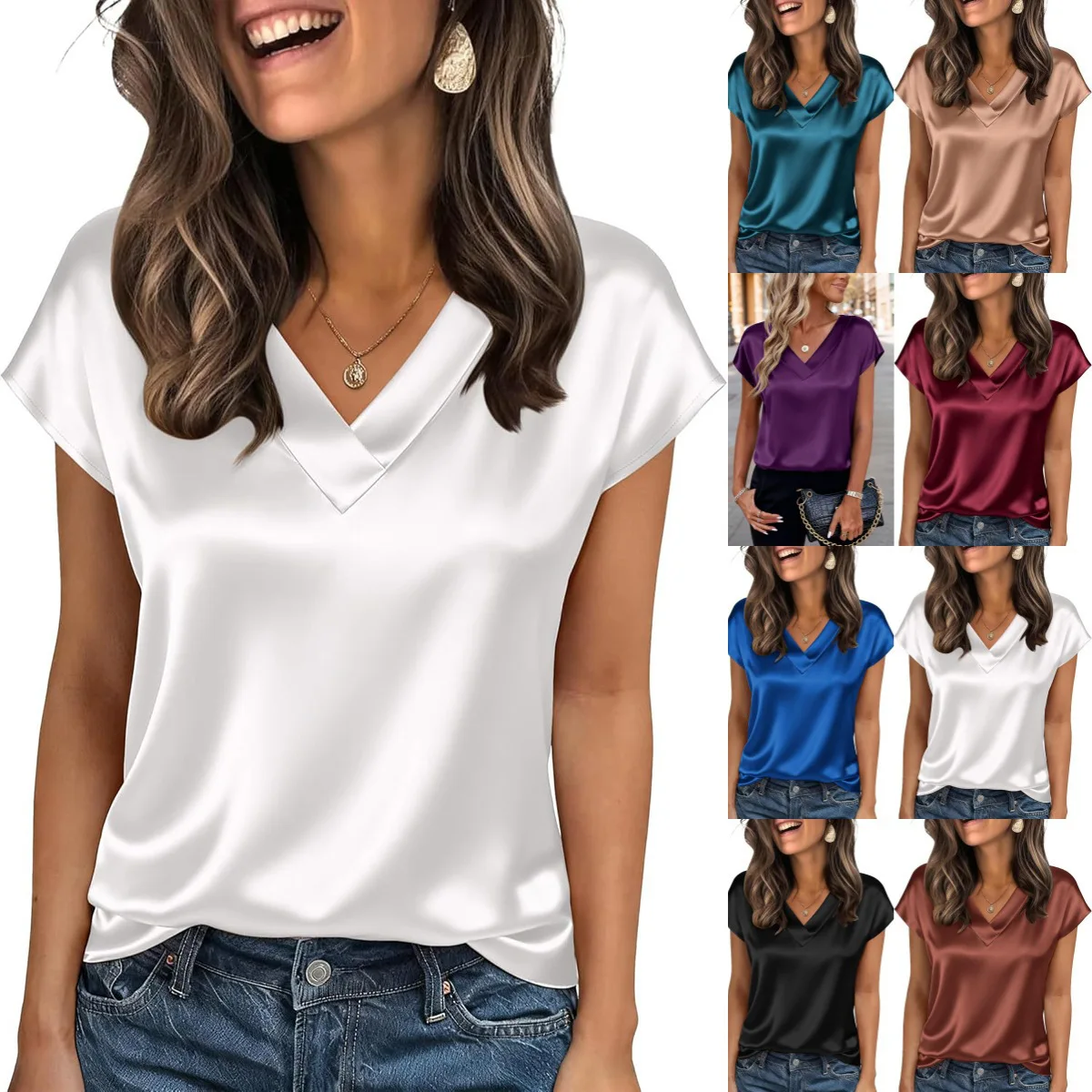 20 Colors Summer Women's Satin V-neck Shirt Short-sleeved Glossy Fashion Top Korean Commuter Versatile Inner Shirt for Female view 2