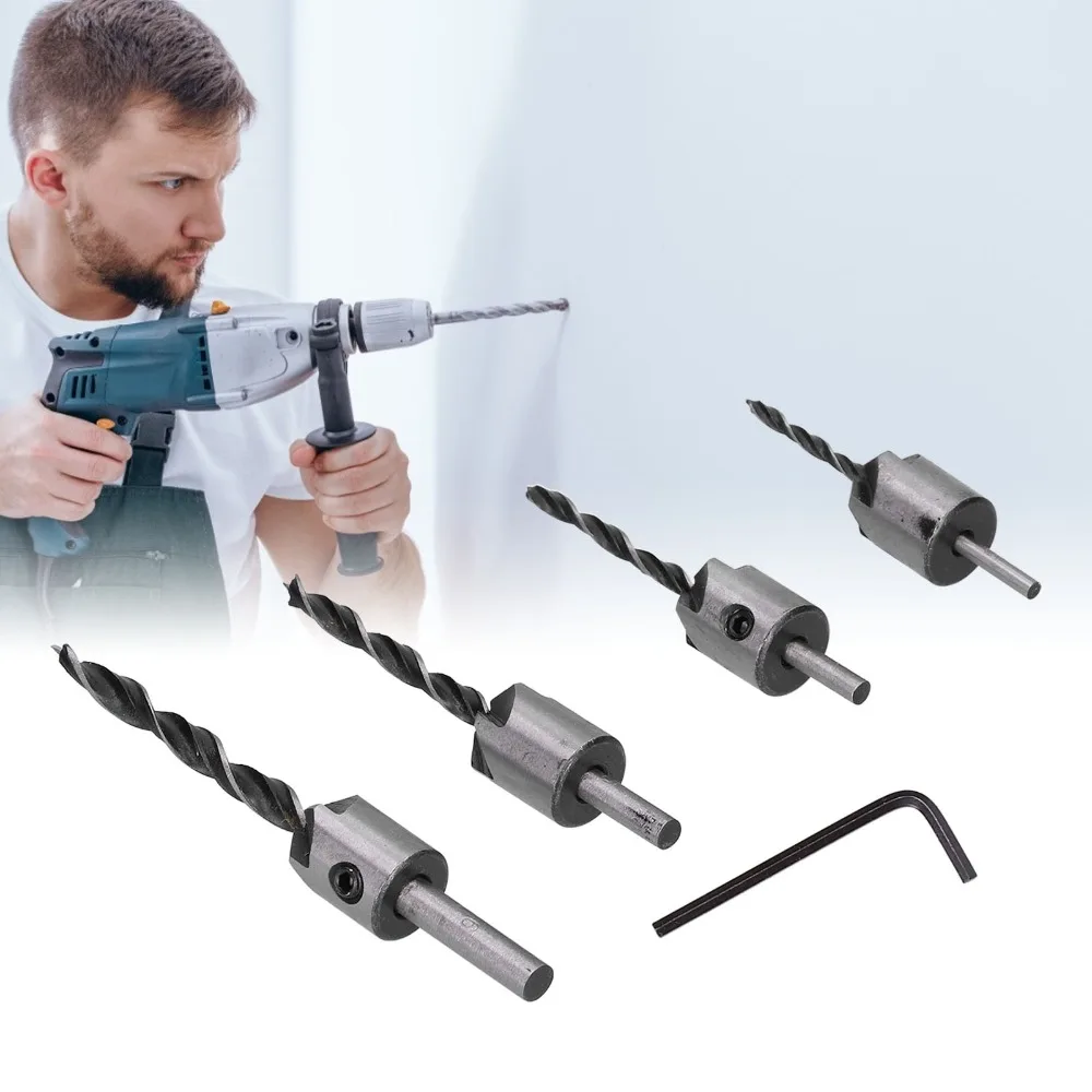 4PCS 5 Flute Countersink Drill Bit Set Metric Size High Carbon Steel Reaming Tool Set Hex Key Wrench Included Positioning Design