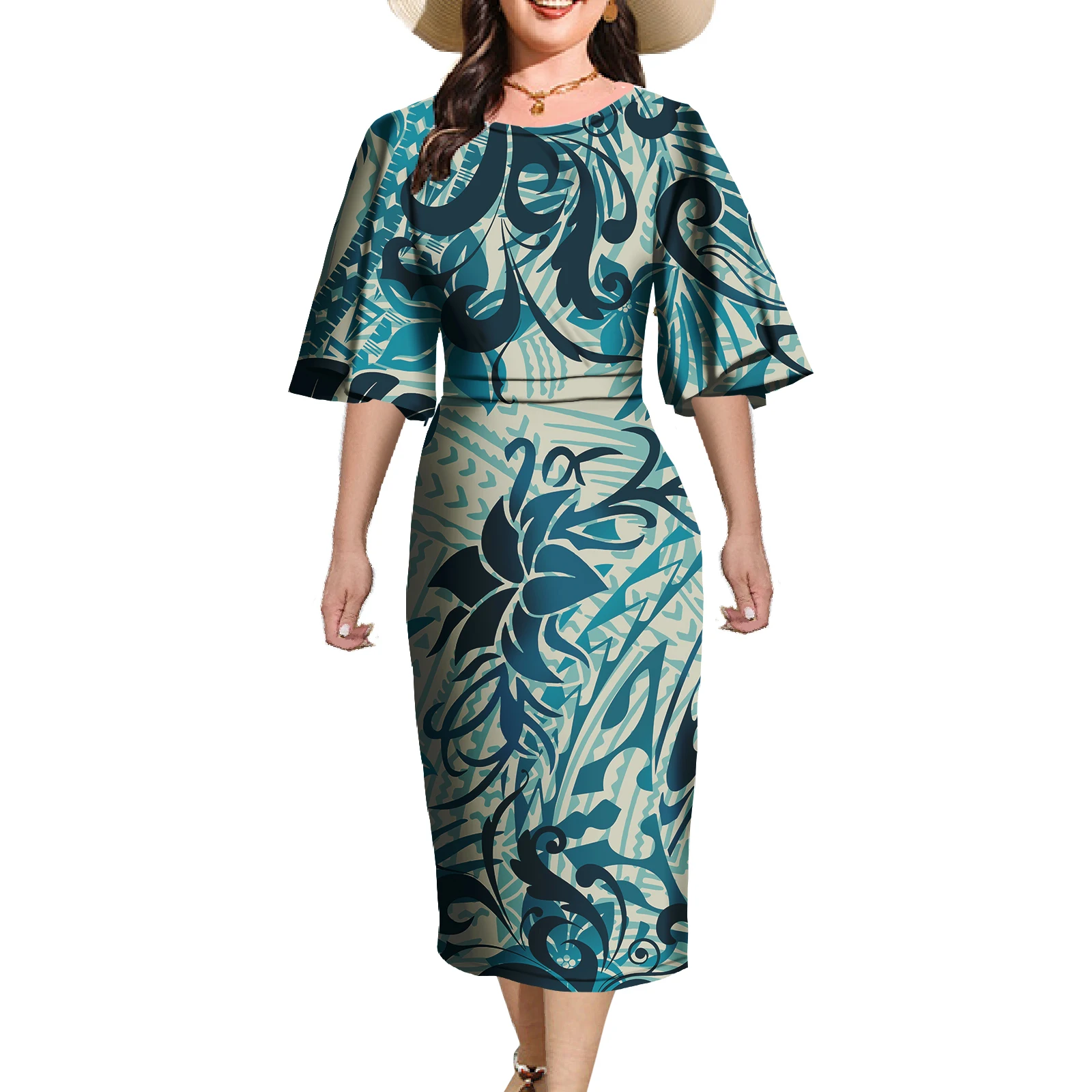 Fashion Polynesian Tribal Print On Demand Elegant Women's Hawaiian Print Dress Asia & Pacific Islands Clothing