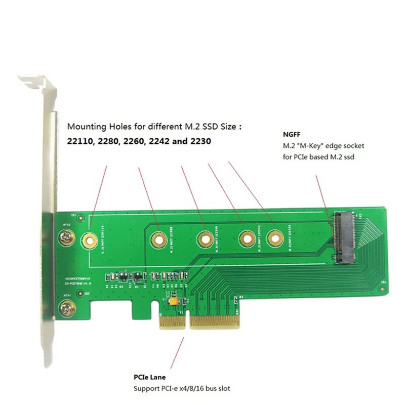 M.2 mキーnvmessd、pcie 4.0 x4アダプターカード、BTCマイニング用の22110、2280、2260、2242、2230などのフルサイズをサポート