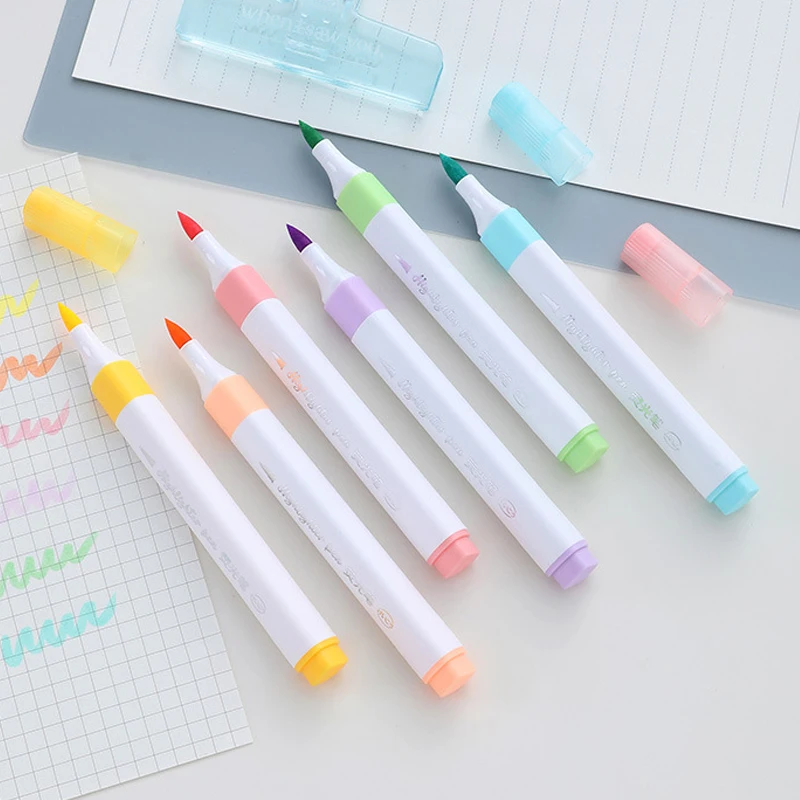 6 Colors Highlighter Markers Kawaii Stationery Items Cute Highlighter Outline Pen Set Back to School Supplies for Students Kids