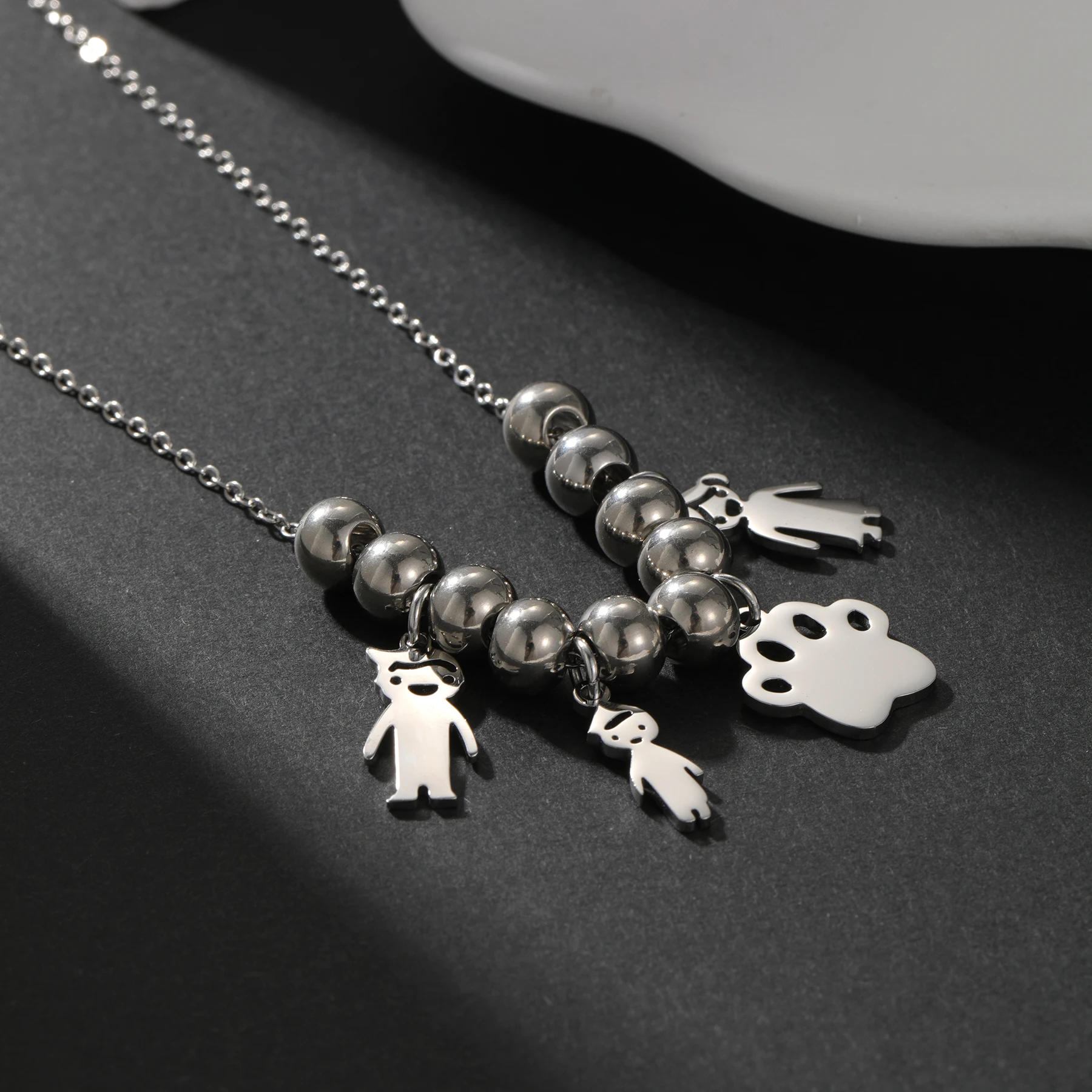 Custom Generational Blessings Necklace - Rotating Bead Family & Abstract Paw Stainless Steel Laser Cut Life Chapter Jewelry