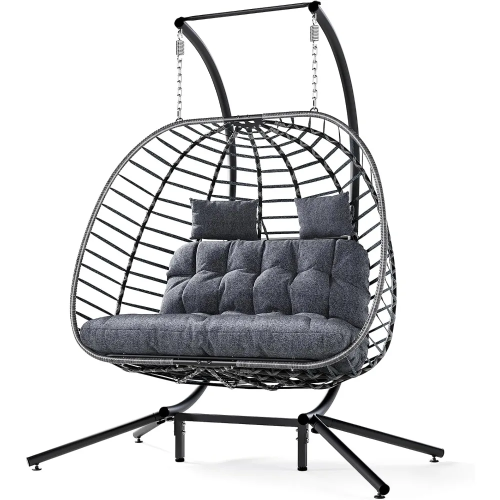 

Double Egg Swing Chair with Stand, Outdoor Patio 2 Person Hanging Wicker Hammock Chairs, with Cushion for Indoor Bedroom
