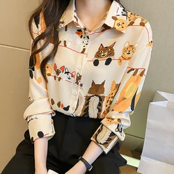 #3104 Chiffon Shirts Long Sleeve Cartoon Printed France Style Office Shirts Blouse Female Loose Vintage Womens Tops And Blouses