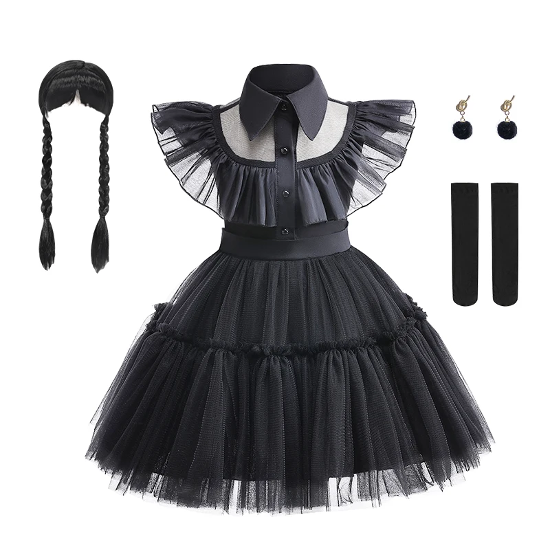 

Children Princess Black Wednesday Dance Puffy Dress With Wig Role Play Costume Family Carnival Disguise Outfits 1-6Y