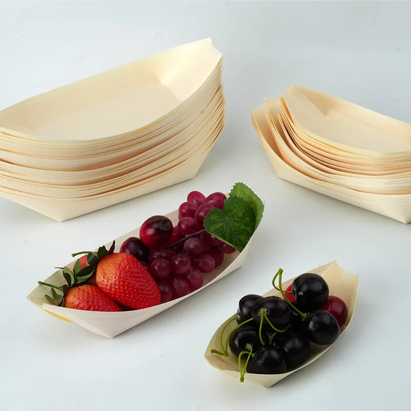 Bandeja de madera desechable para barco, bandeja para Sushi de bambú Natural, ensalada, postre, Mini contenedores de comida, plato, cuenco, pastel y aperitivos, 50/100 Uds.
