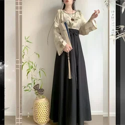 Women Ancient Chinese Costume Round Neck Long Sleeve Bamboo Print Top Black Skirt Modern Hanfu Vestidos Elegantes Para Mujer