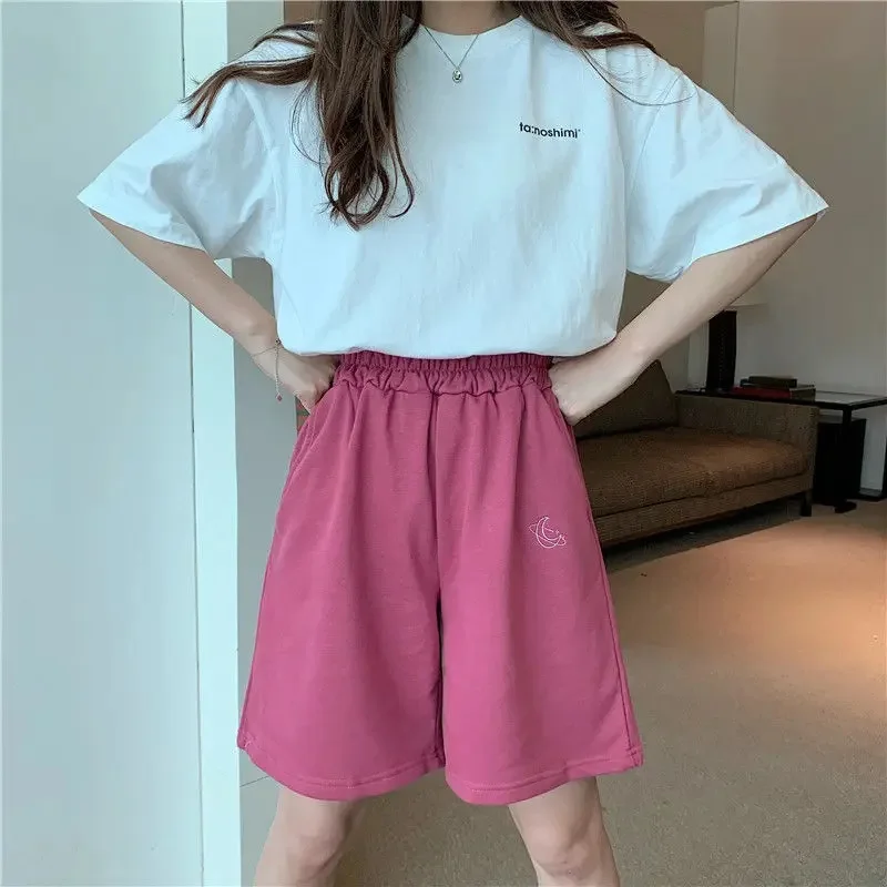 Women Summer Korean Elastic Waist Casual Beach Party version clothing size High waist Moon Embroidery Movement Shorts