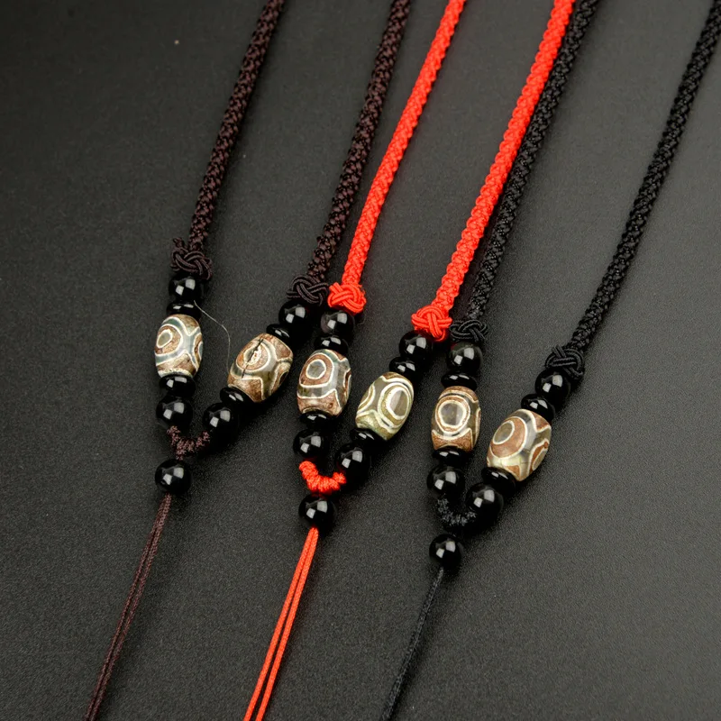 Hand-Woven Three-Eye Dzi Agate Necklace LanyardDIYPendant Jade Beads Crystal Pendant Rope Neck Rope