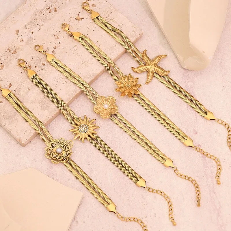 

Gold Fashion Flower Bracelet Personalised Knotted Design Double Layer Snake Bone Chain Titanium Steel Hand Jewellery Women's