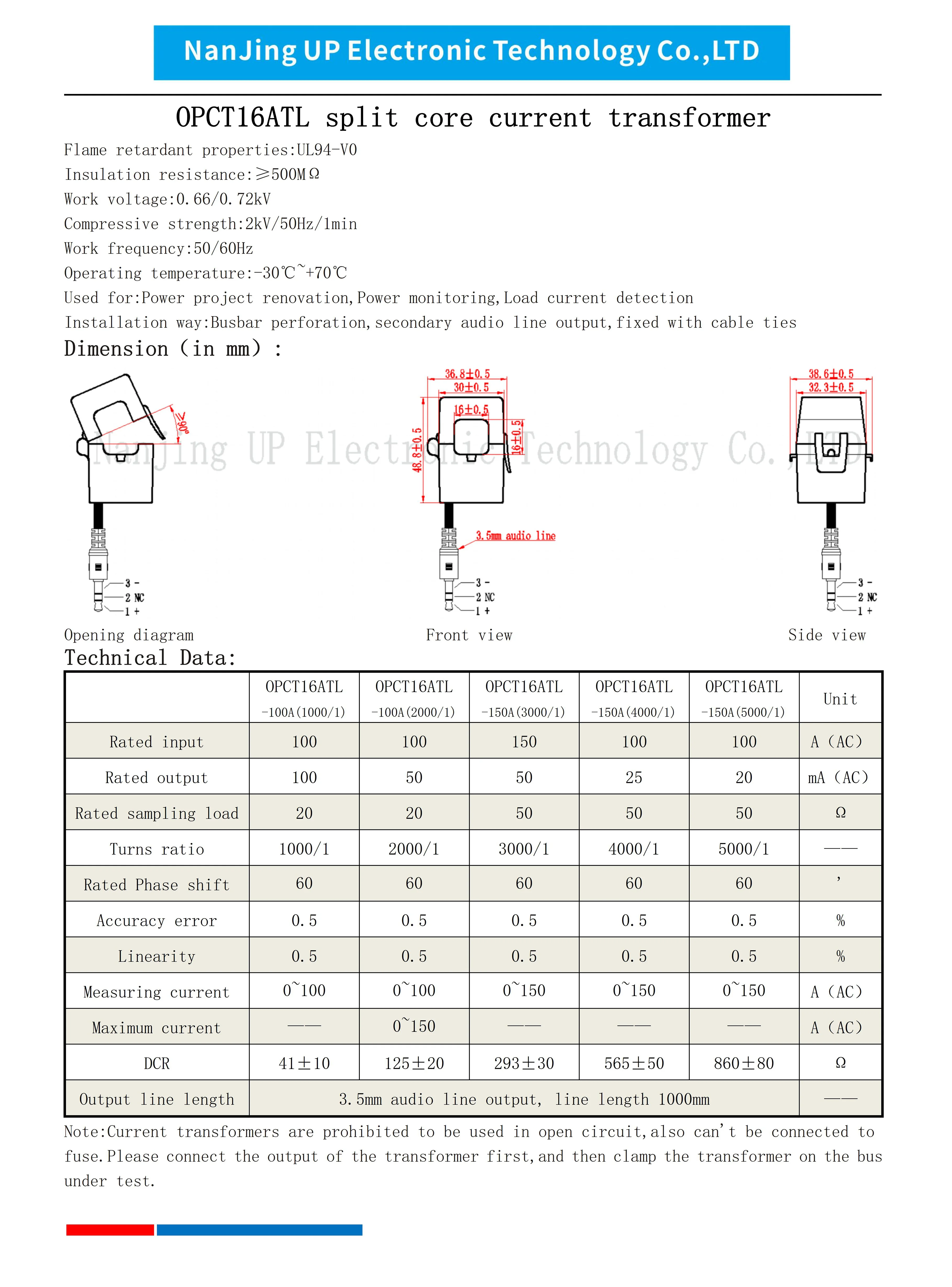 NJXSE OPCT16ATL 100A/50mA Split Core Current Transformer with 3.5mm Jack Audio Cable 1A 5A 10A 20A 30A 50A 100A/1V Clamp Sensor