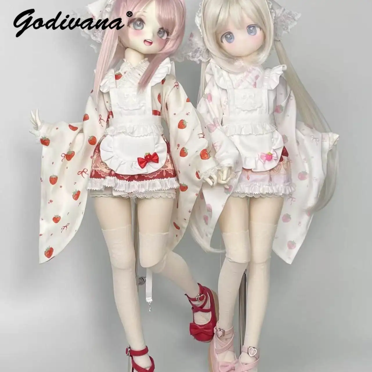 Pink Strawberry Print Floral Modified Kimono with Lace Trim Apron Bow BJD Doll Outfit for 1/4 BJD Dolls, Only Clothes Included