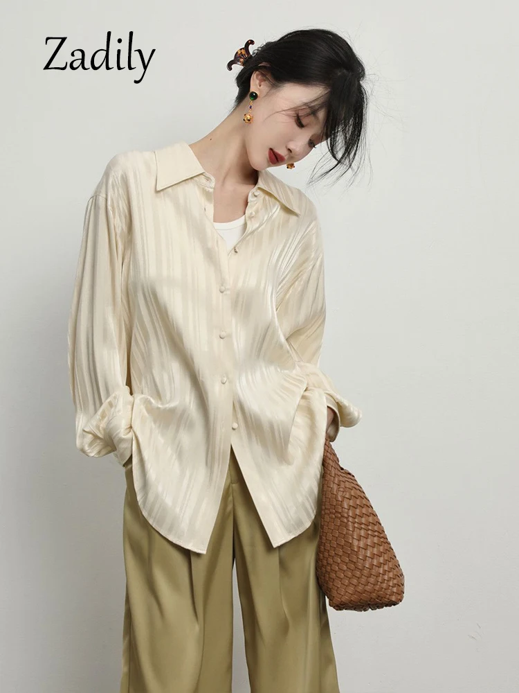 Zadily 2023 Autumn Office Lady Long Sleeve Women Striped Shirt Korea Style Oversize Button Up Work Blouse Female Clothing Top