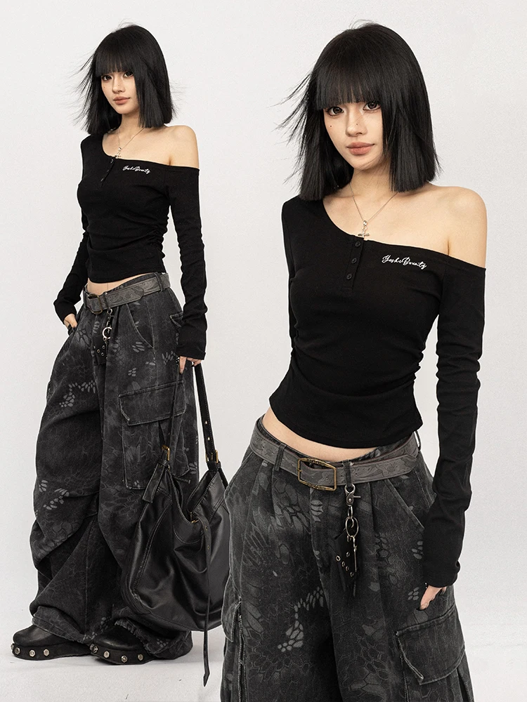 

Женская футболка OCTTFLAB Bla Long Sve Slim Fit в корейском стиле с открытыми плечами, короткий топ с пуговицами, повседневная хлопковая футболка