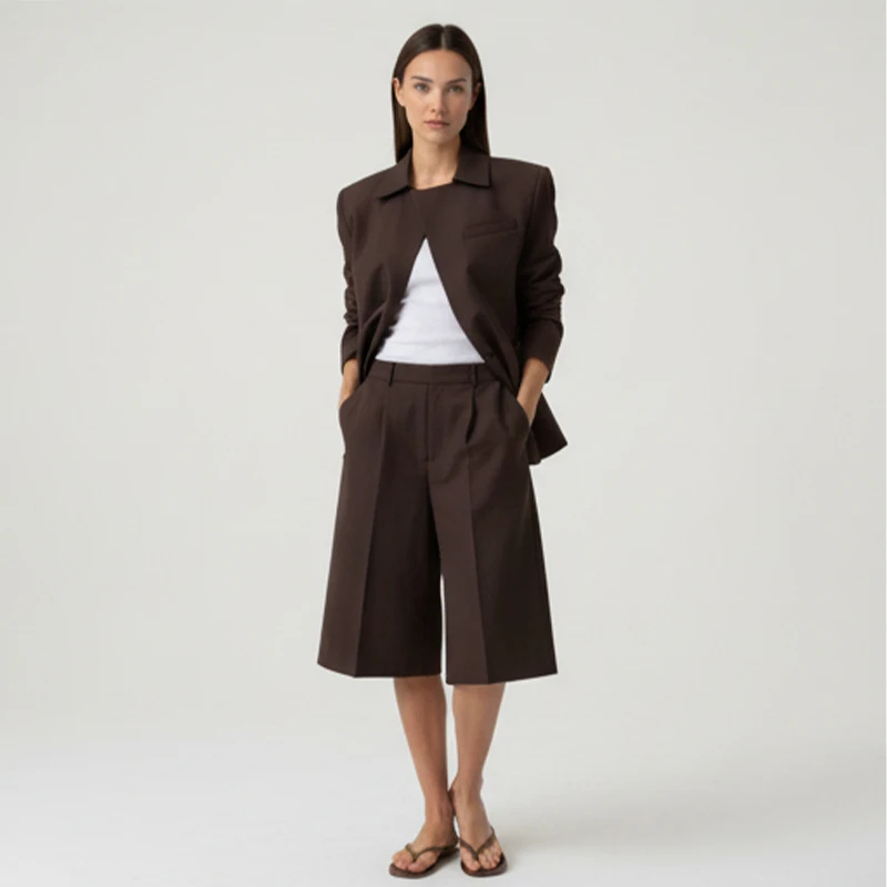 Brown Women Single Button Jacket Bermuda Shorts 2 Piece Set Loose Diagonal Placket Long Sleeve Coat Suit 2026 Spring Daily Sets