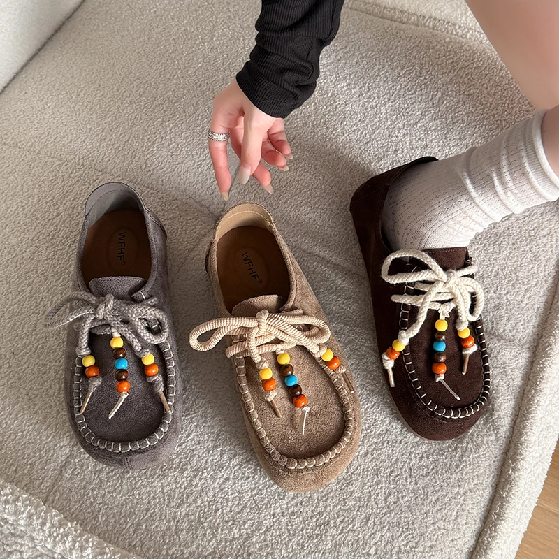 

New Arrival Women Casual Shoes 2025 Suede Leather Flats Loafers Lace Up Moccasins Ladies Shoes Fashion Sneakers Tenis De Mujer