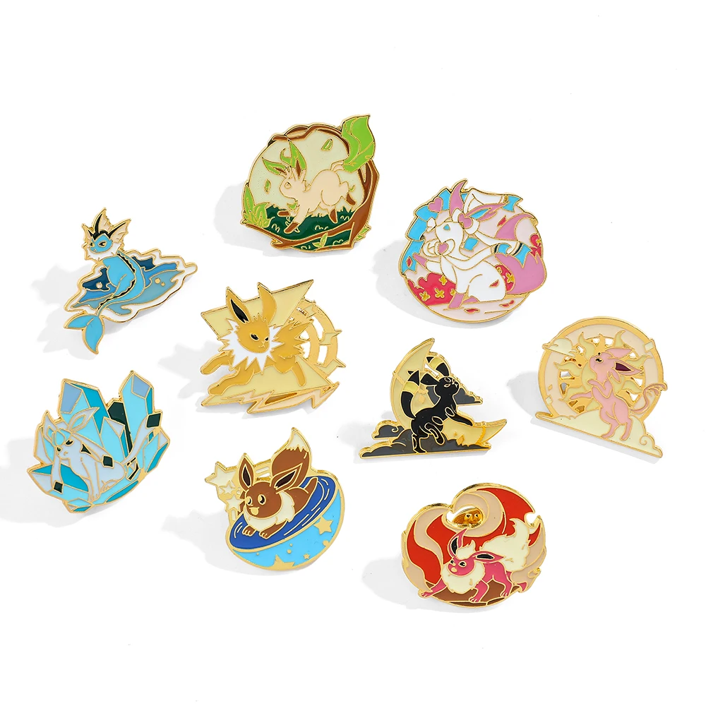 9 Pcs Anime Cartoon Brooch Exquisite Pokemon Eevee Family Enamel Pin Metal Badge Jewelry Clothing Backpack Accessories Gift