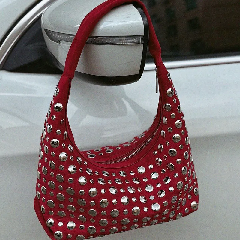 New High-End Leather Rivet Bucket Bag Fashion Personality Trendy Cool Polka Dot Rivet Casual Luxury Brand Underarm Bag Handbag