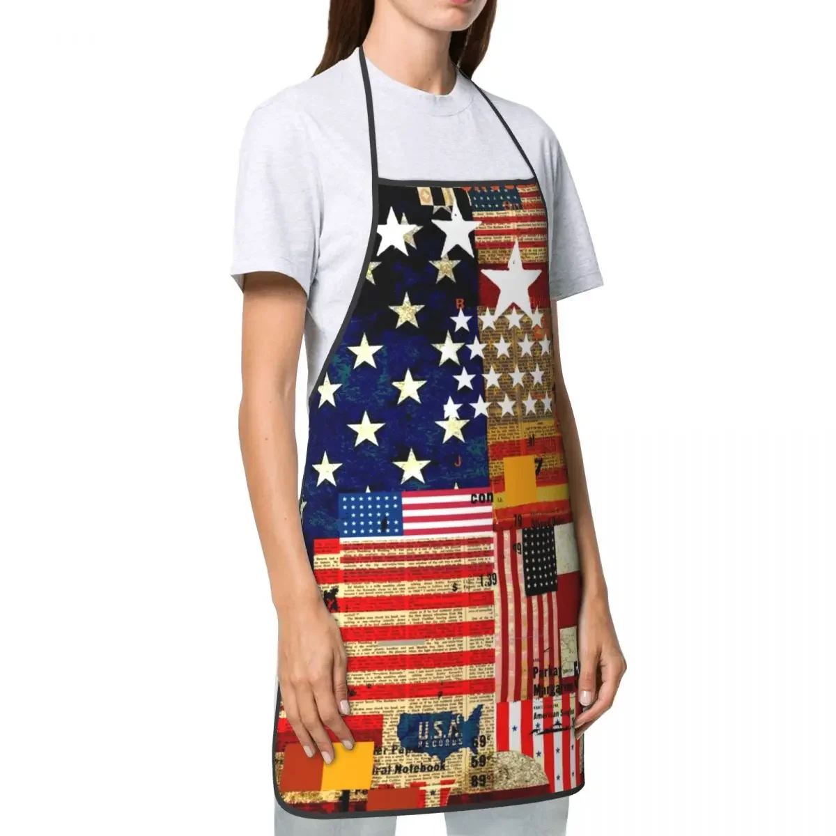 Funny Collage Of American Flags Bib Aprons Women Men Unisex Kitchen Chef Patriotic Tablier Cuisine for Cooking Baking Painting